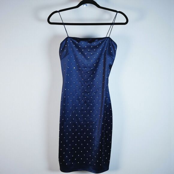 Blue Satin Rhinestone Mini Dress - Picture 2 of 5